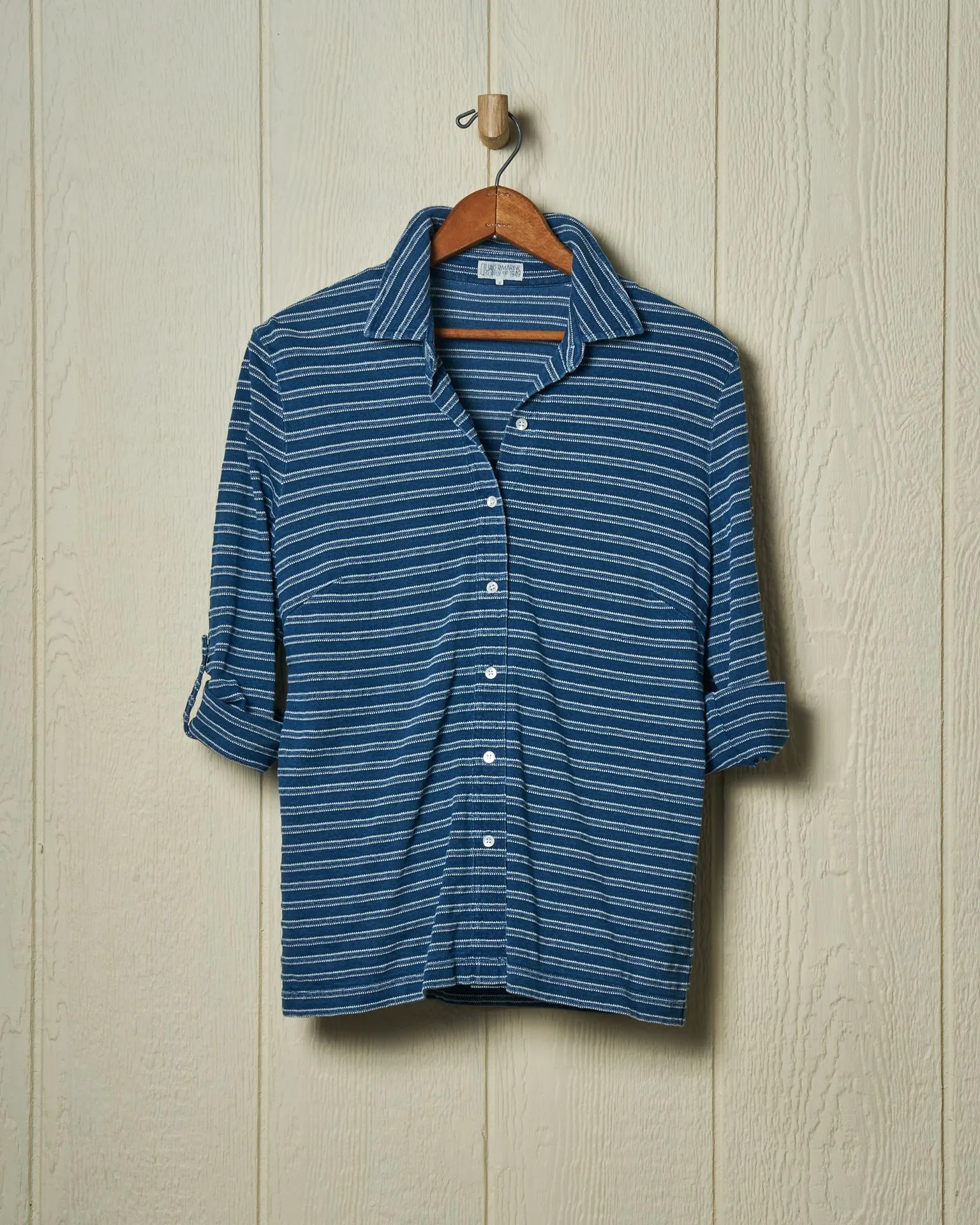 Avalon Indigo Knit Top in Mid-Wash Jacquard Stripe sold by Quaker Marine Supply