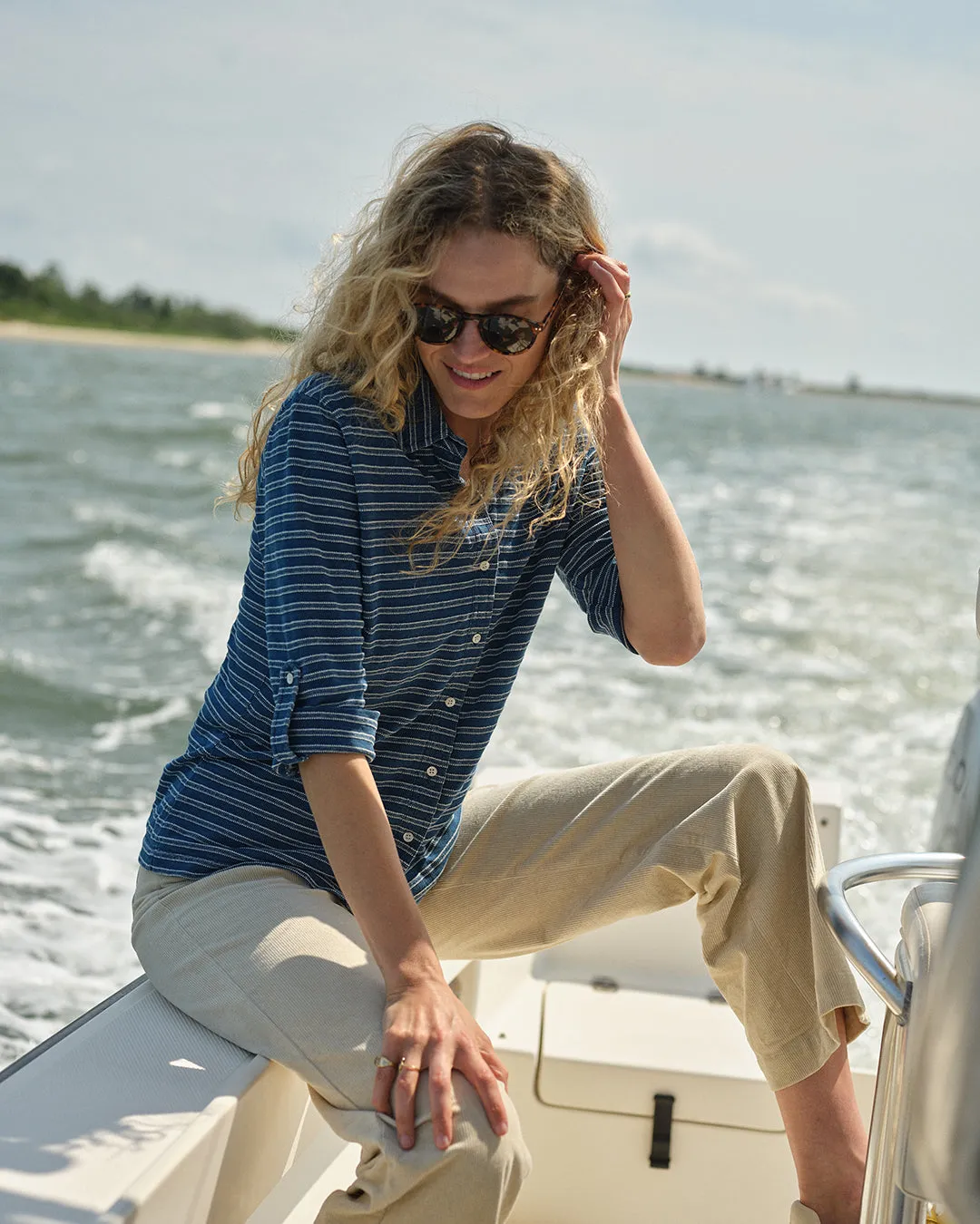 Avalon Indigo Knit Top in Mid-Wash Jacquard Stripe sold by Quaker Marine Supply product image thumbnail 4