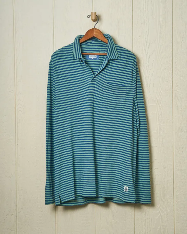 Long Sleeve Indigo Polo in Faded Spruce/Navy Even Stripe sold by Quaker Marine Supply