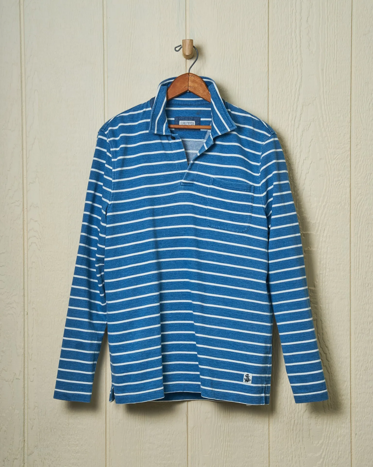 Heavyweight Long Sleeve Indigo Polo in ¾” Indigo/White Stripe sold by Quaker Marine Supply