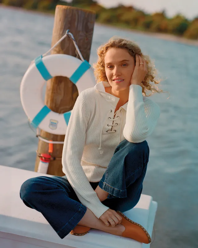 Halifax Lace-Up Sweater in Egret sold by Quaker Marine Supply
