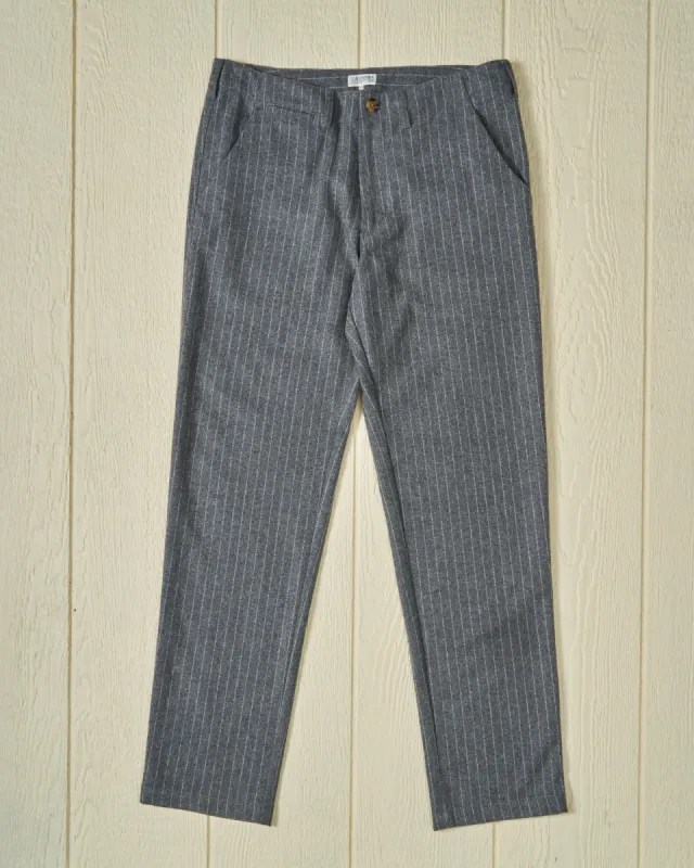 Camden Pant in Charcoal Chalk Stripe Washed Wool sold by Quaker Marine Supply