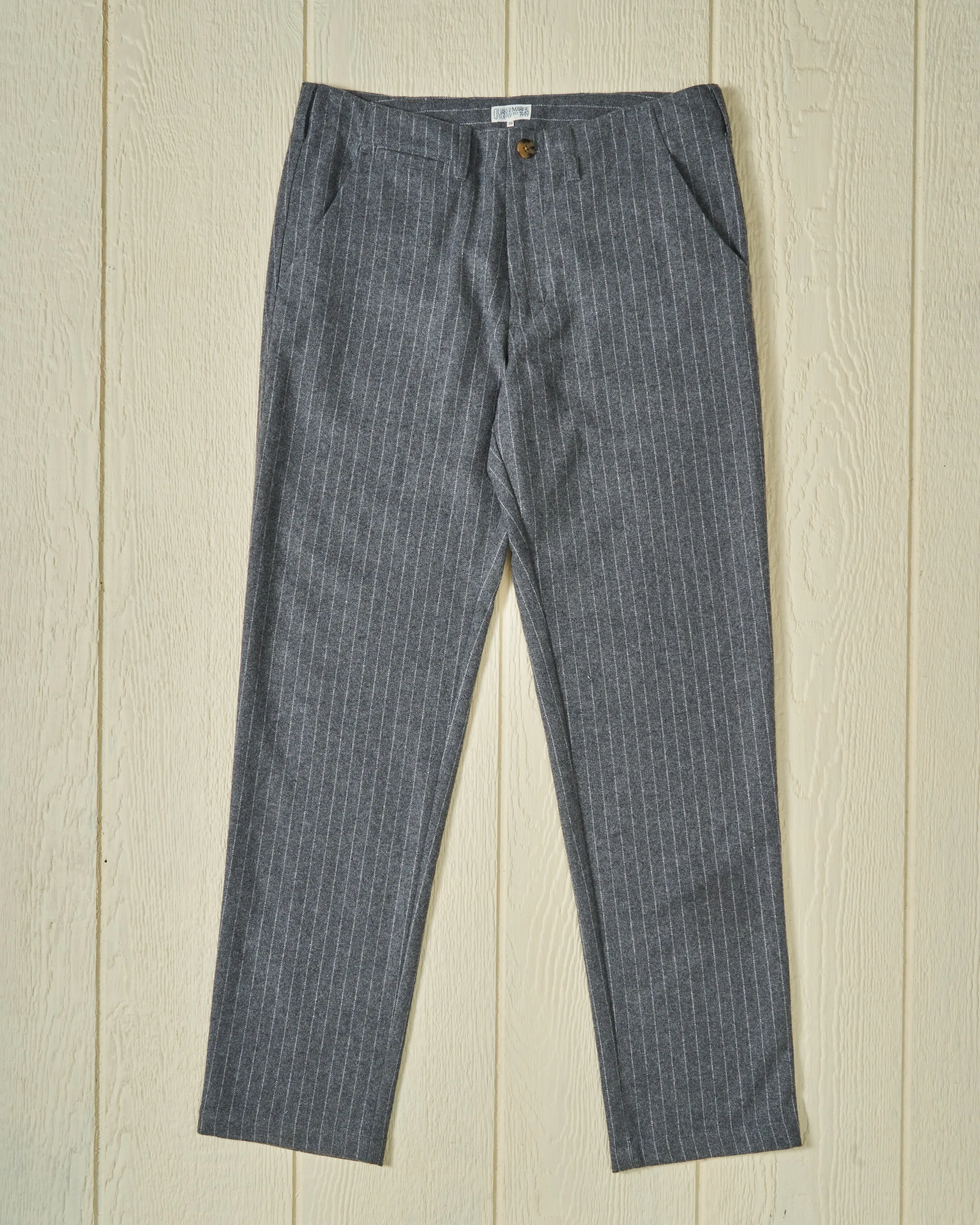 Camden Pant in Charcoal Chalk Stripe Washed Wool sold by Quaker Marine Supply