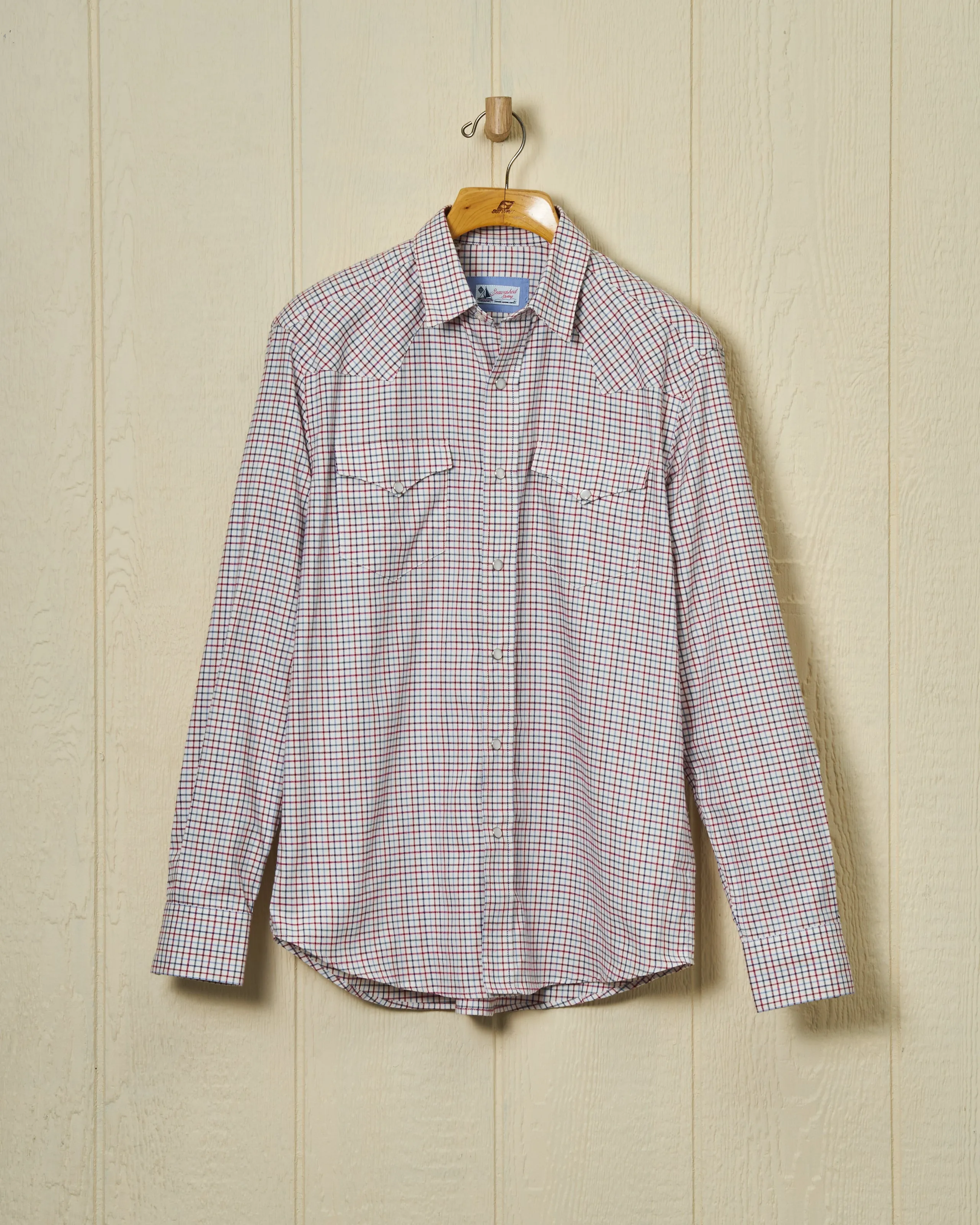 Western Sea-Washed Shirt in Denim/Wine Tattersall sold by Quaker Marine Supply