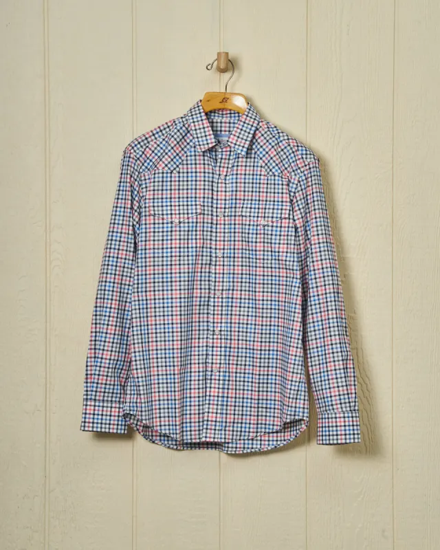 Western Sea-Washed Shirt in Blue/Coral Gun Check sold by Quaker Marine Supply