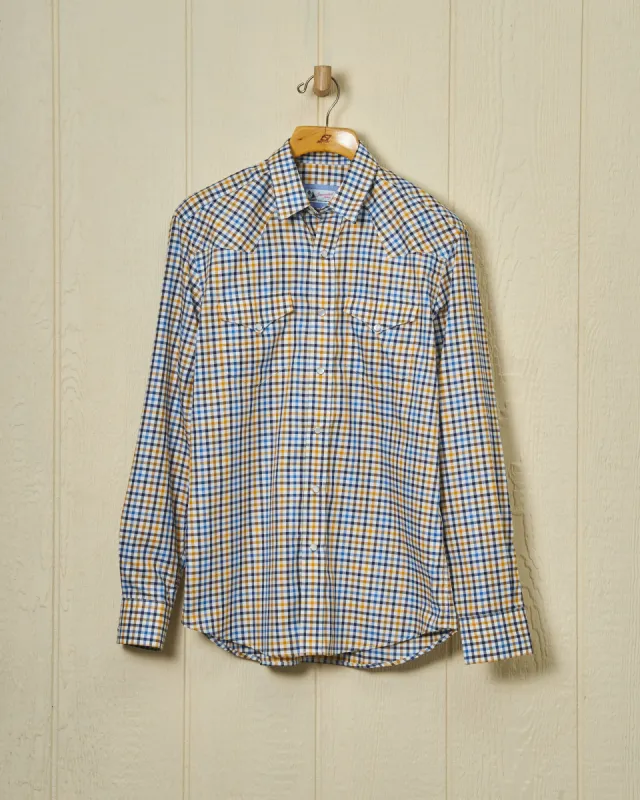 Western Sea-Washed Shirt in Blue/Mustard Gun Check sold by Quaker Marine Supply