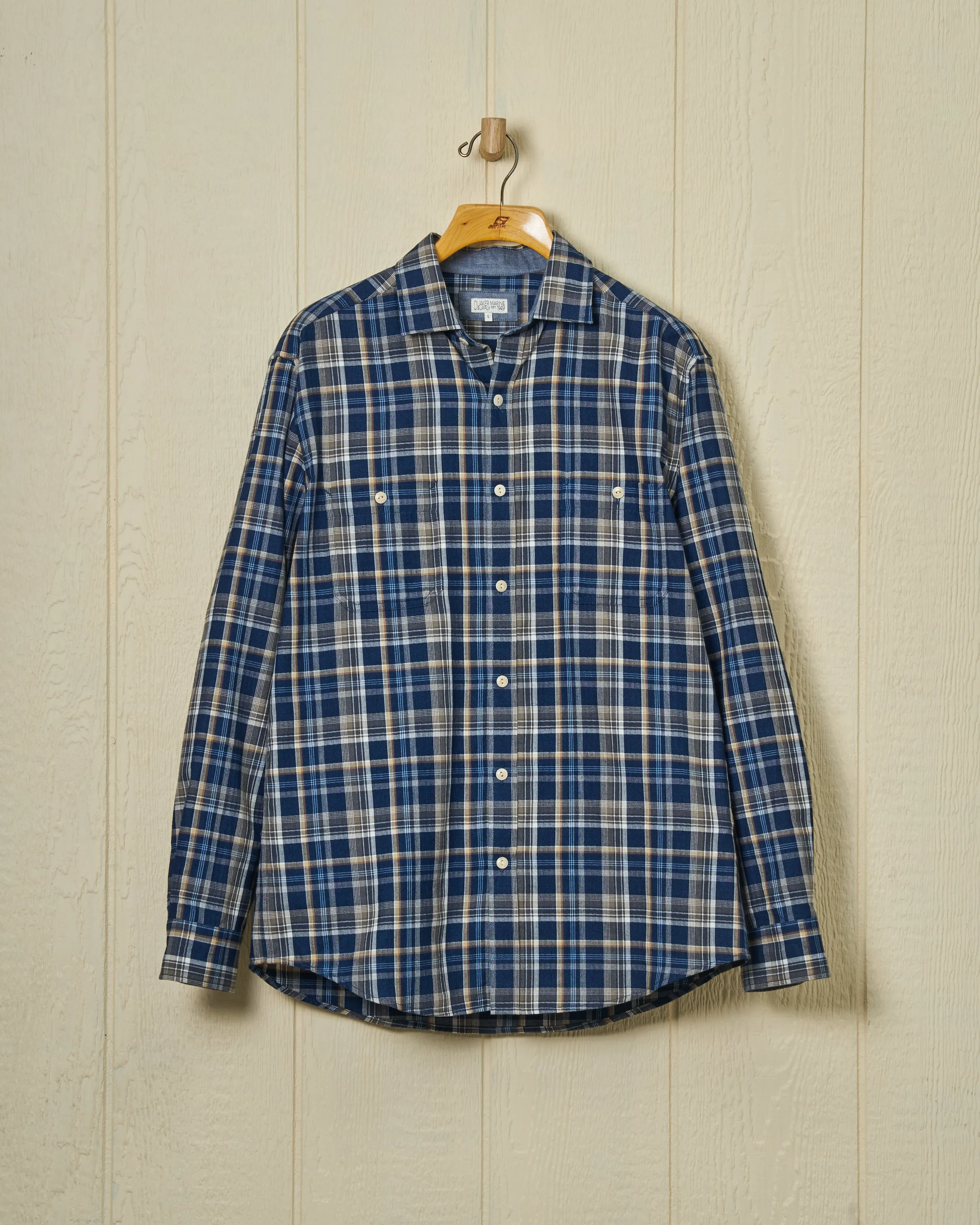 Chore Shirt in Navy/Chestnut Herringbone sold by Quaker Marine Supply