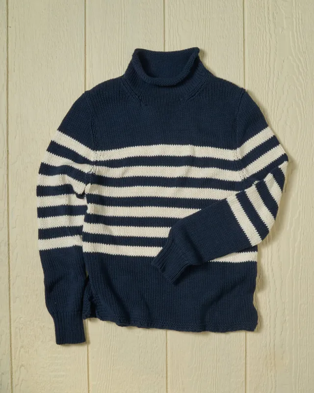 Fisherman's Sweater in Navy/Egret Breton Stripe sold by Quaker Marine Supply