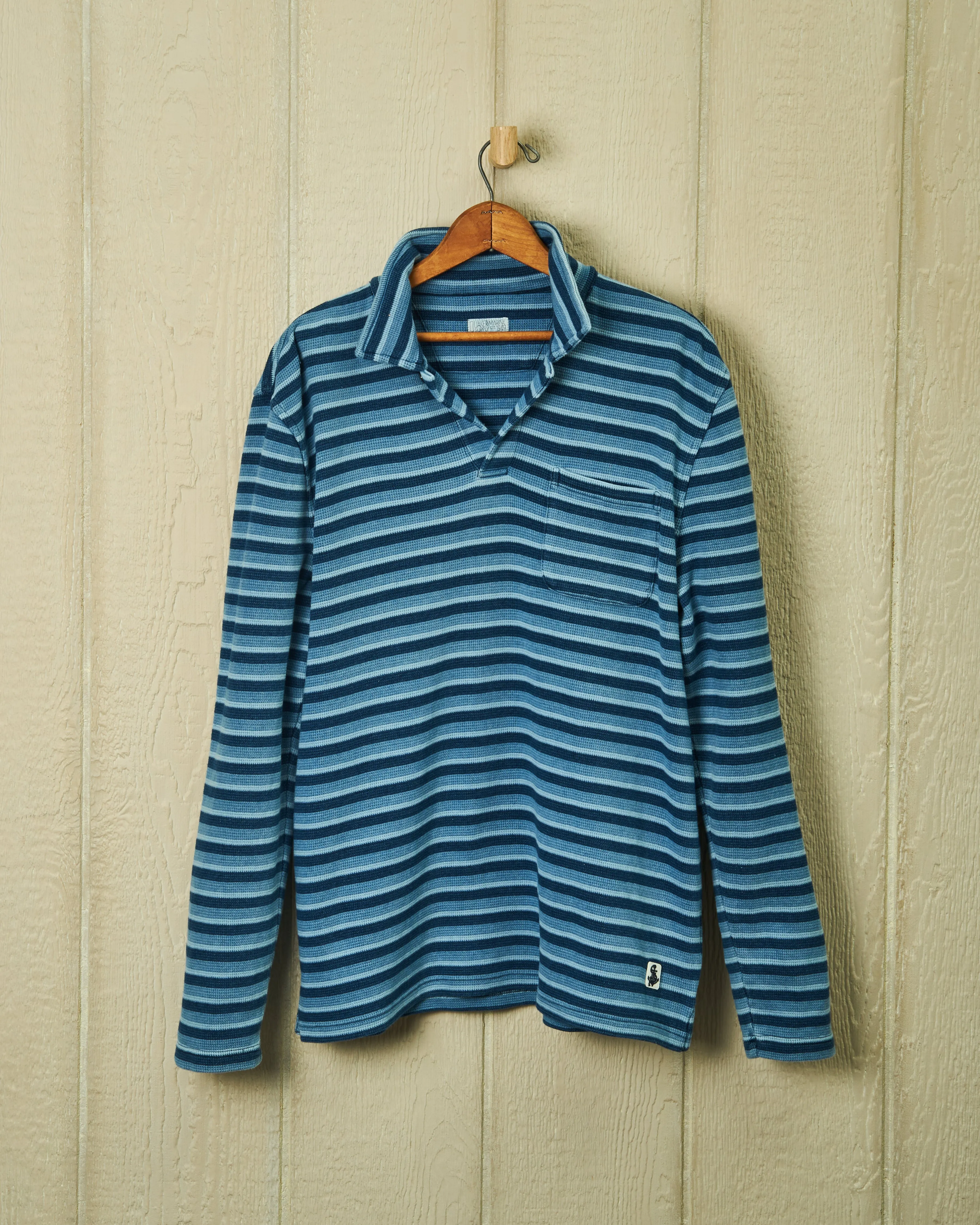 Long Sleeve Indigo Polo in Multi-Blue Ribbed Knit sold by Quaker Marine Supply