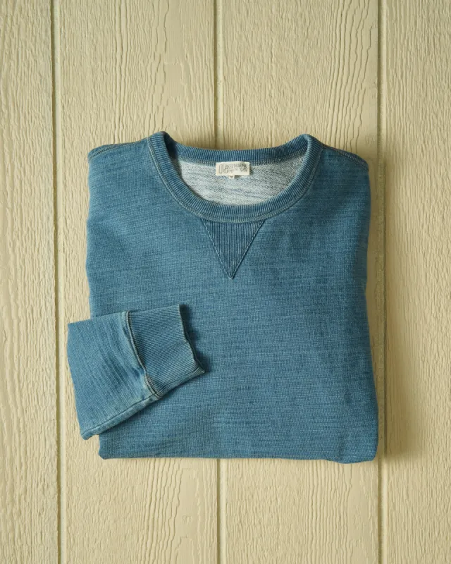 Contender Crewneck in Mid Wash Indigo Loopback Terry sold by Quaker Marine Supply