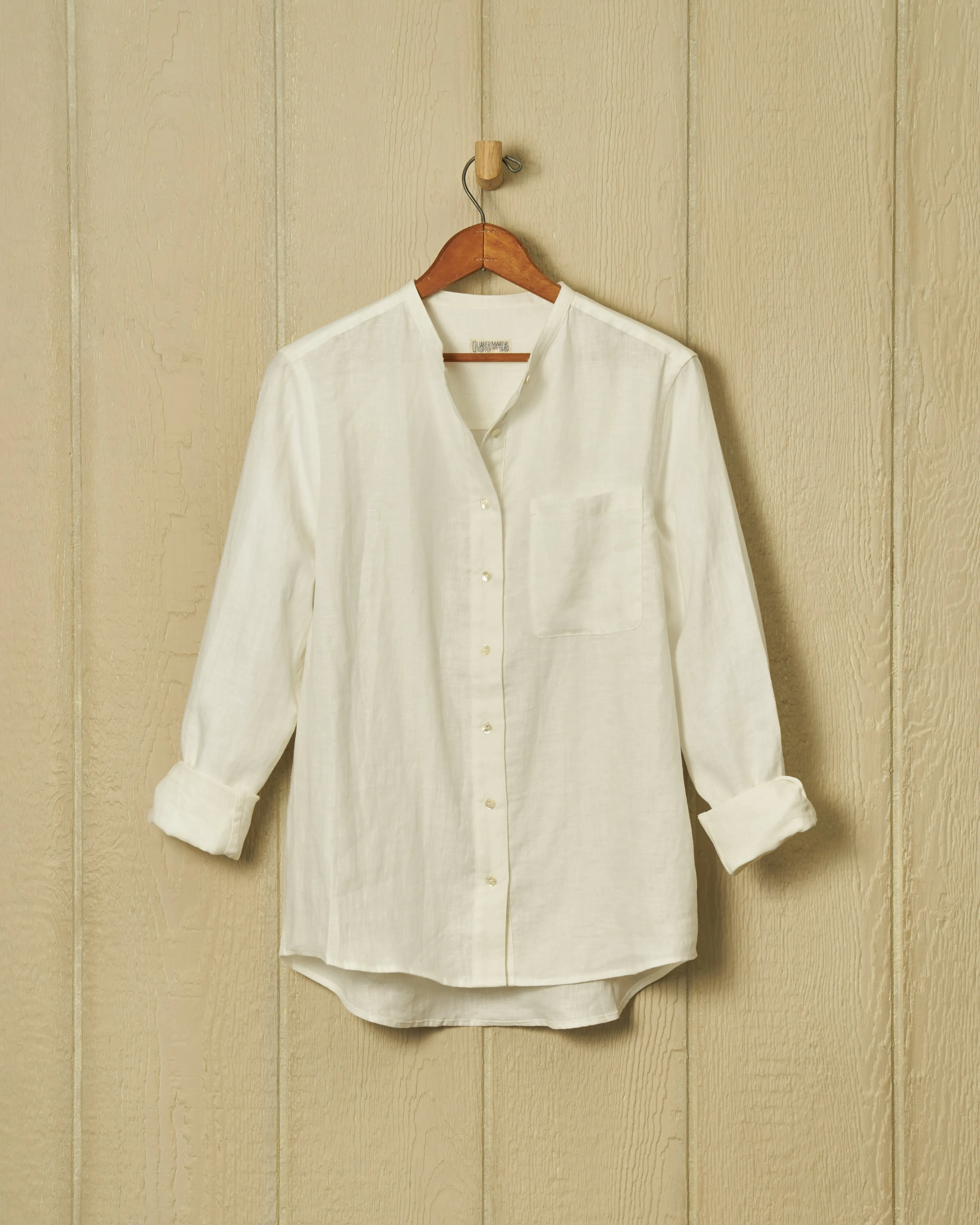 Women's Band Collar Shirt in White Linen sold by Quaker Marine Supply