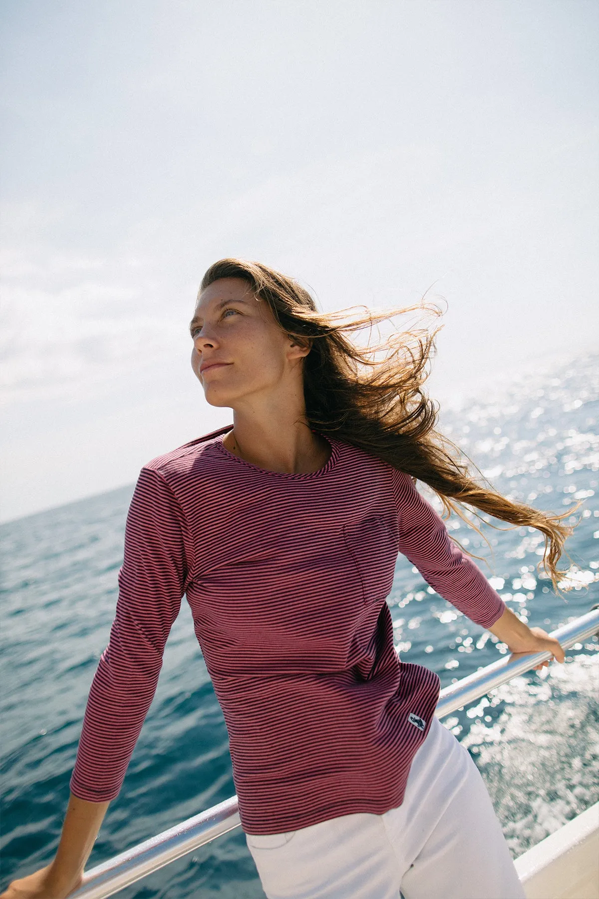 Women's Fine Stripe Crewneck Tee in Cranberry/Navy sold by Quaker Marine Supply product image thumbnail 4