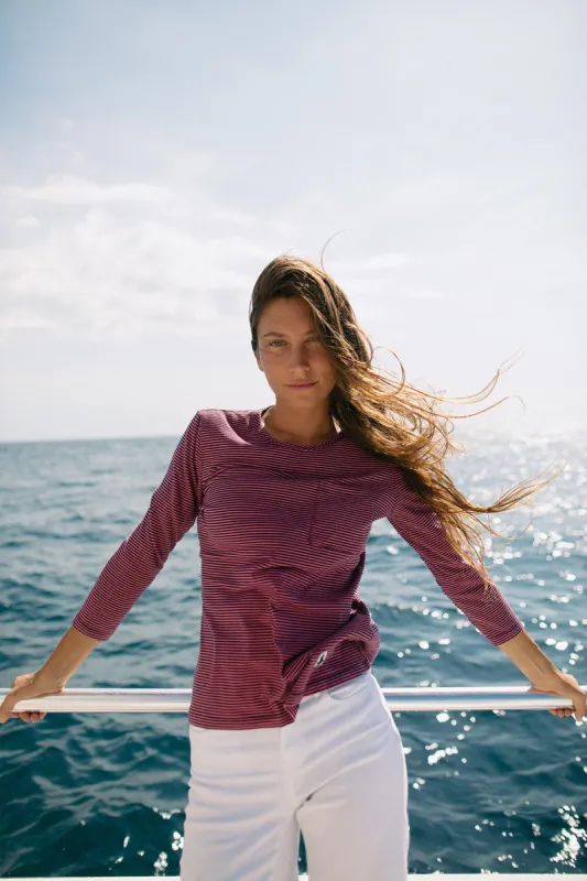 Women's Fine Stripe Crewneck Tee in Cranberry/Navy sold by Quaker Marine Supply