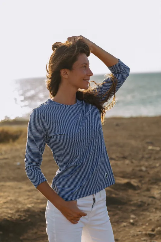 Women's Fine Stripe Crewneck Tee in Navy/Blue sold by Quaker Marine Supply