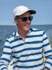 Long Sleeve Indigo Polo in Blue/Antique White Wide Stripe sold by Quaker Marine Supply