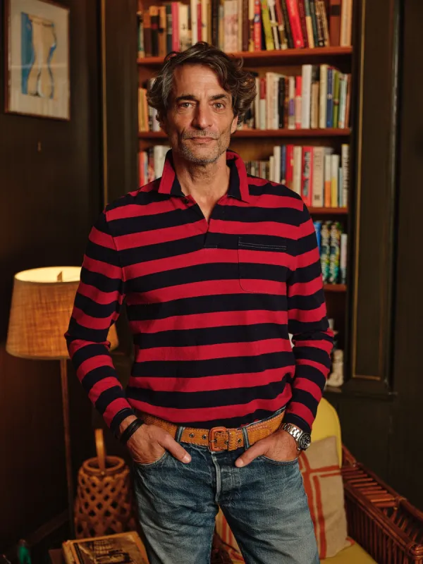 Long Sleeve Indigo Polo in Navy/Burgundy Wide Stripe sold by Quaker Marine Supply