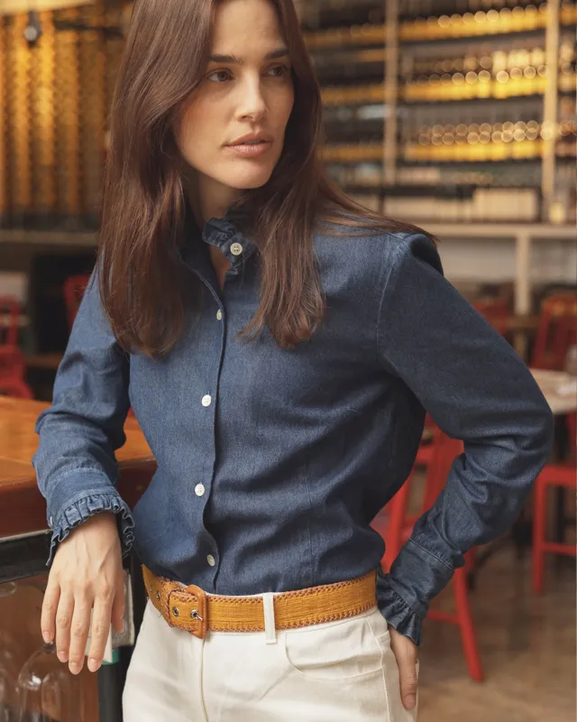 Ruffle Shirt in Denim sold by Quaker Marine Supply