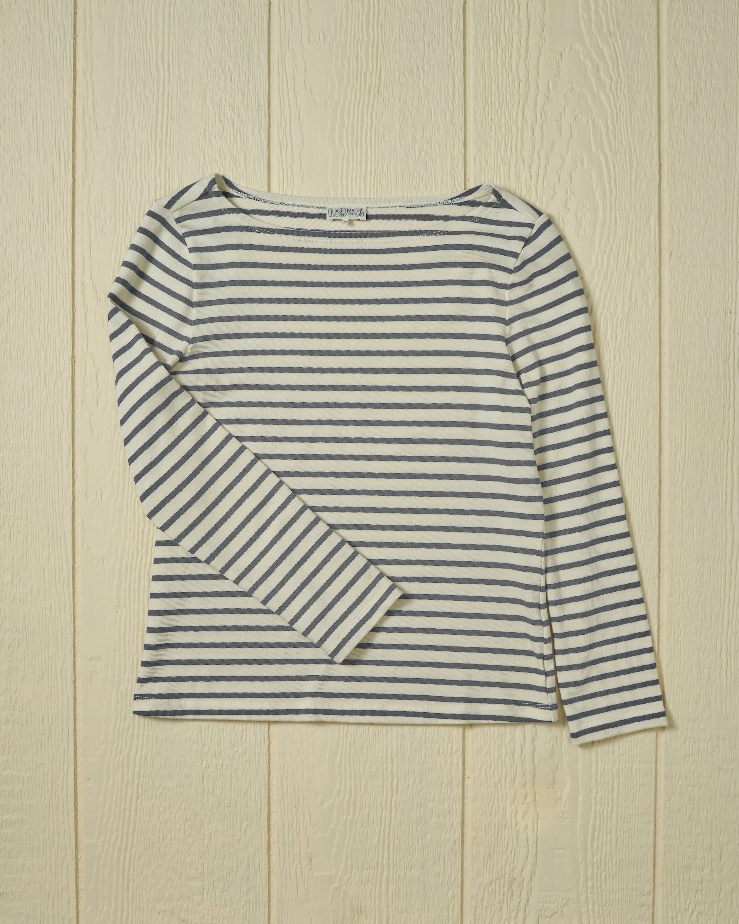 Women’s Breton Stripe Boatneck Tee in Off White/Heather Grey sold by Quaker Marine Supply