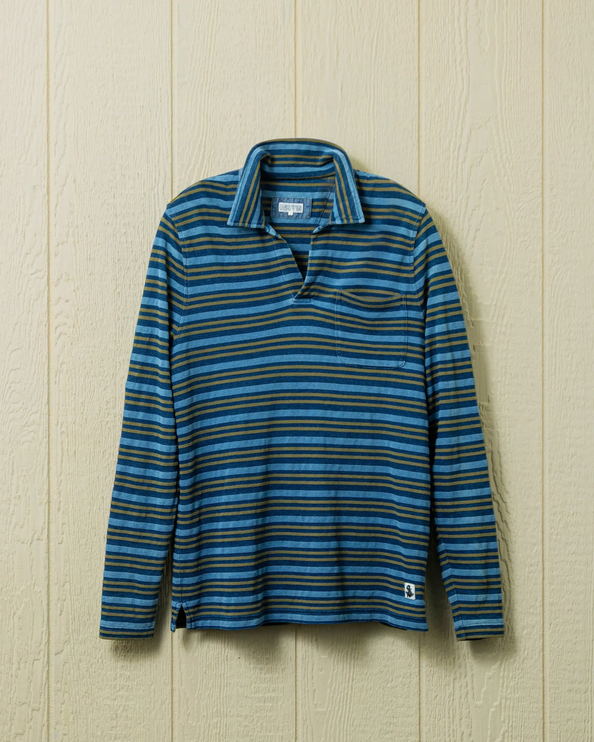 Long Sleeve Indigo Pique Polo in Old Gold sold by Quaker Marine Supply