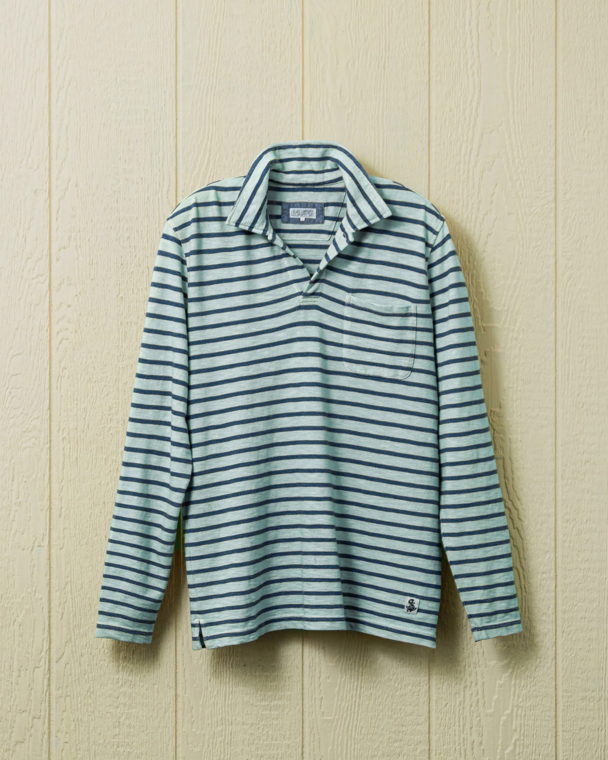 Long Sleeve Indigo Overdyed Polo in Coastal Blue sold by Quaker Marine Supply