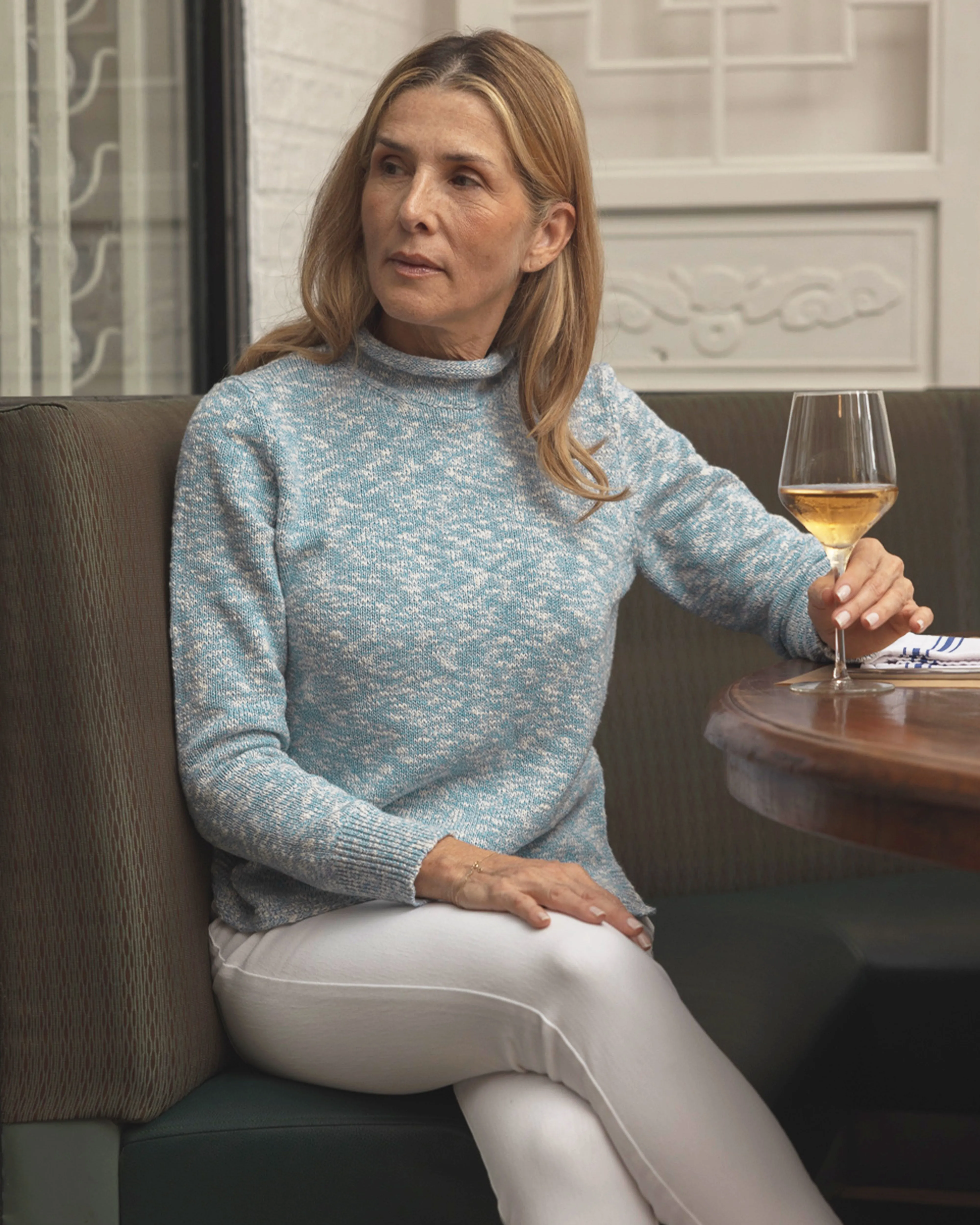 Women's Homespun Fisherman's Sweater in Coastal Blue Marl/Natural sold by Quaker Marine Supply