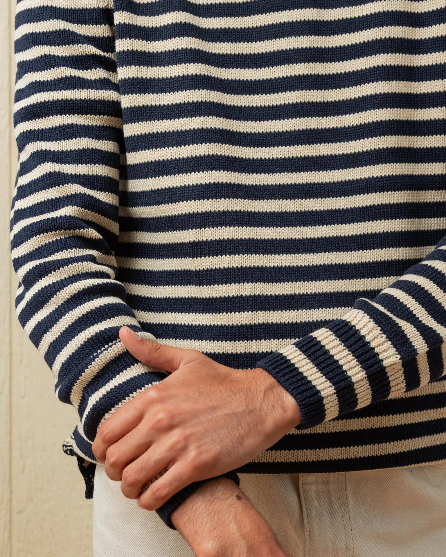 Cotton/Linen Fisherman's Sweater in Navy/Sand Even Stripe sold by Quaker Marine Supply product image thumbnail 4