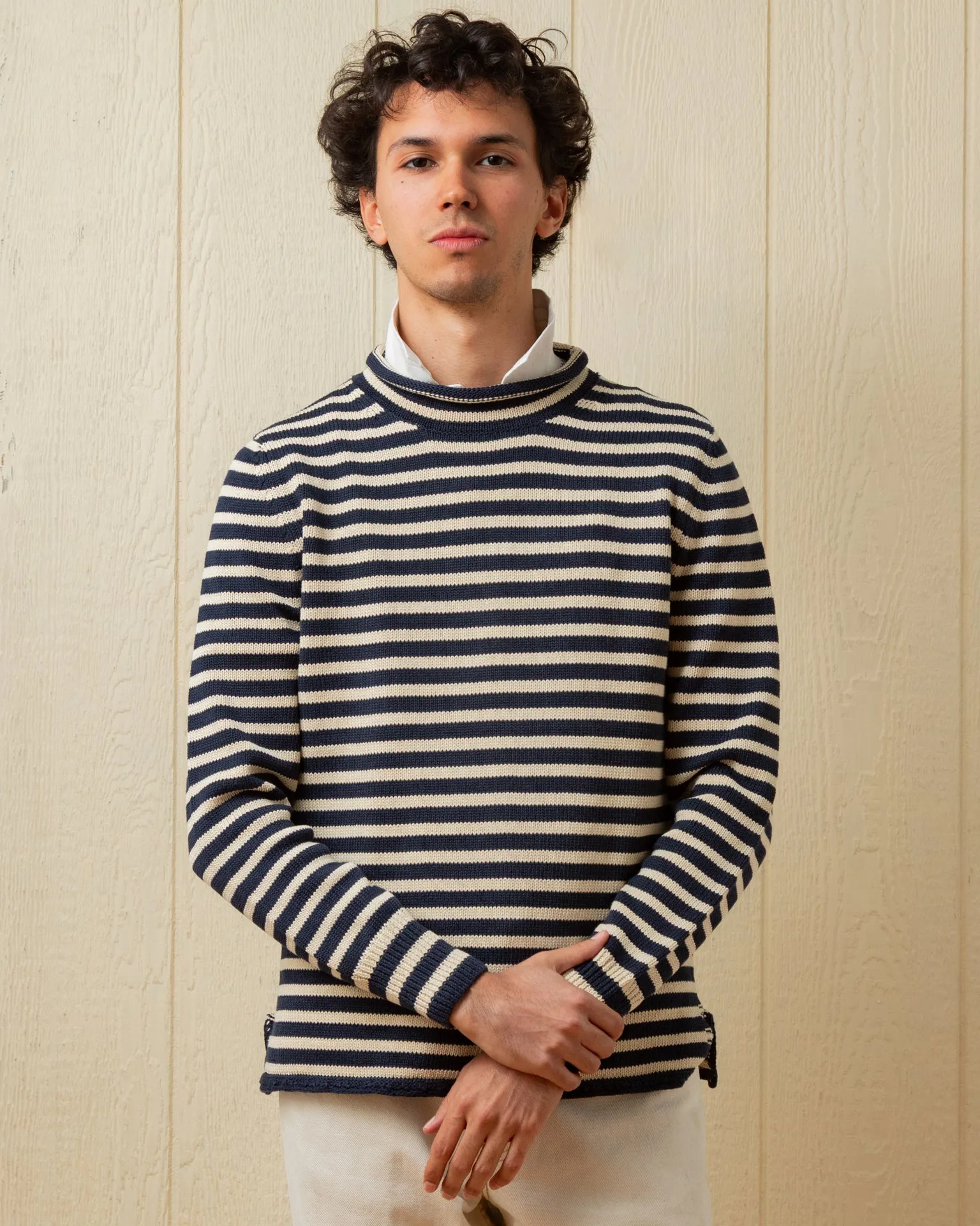 Cotton/Linen Fisherman's Sweater in Navy/Sand Even Stripe sold by Quaker Marine Supply