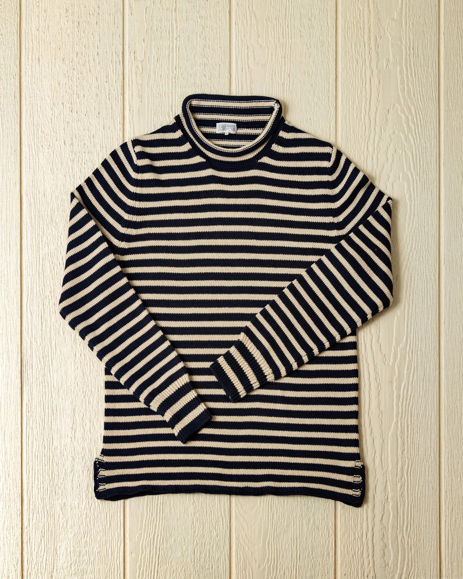 Cotton/Linen Fisherman's Sweater in Navy/Sand Even Stripe sold by Quaker Marine Supply product image thumbnail 2