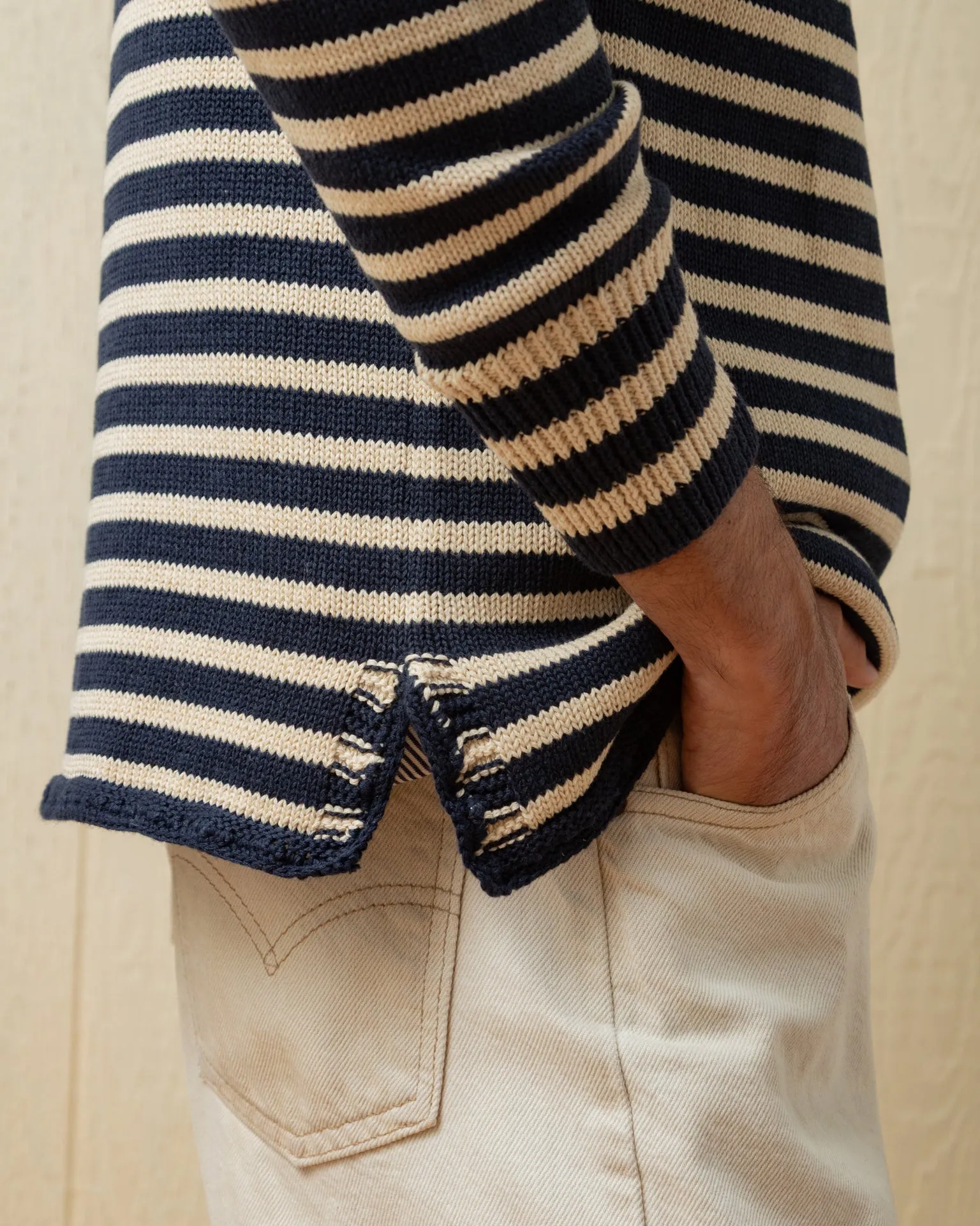 Cotton/Linen Fisherman's Sweater in Navy/Sand Even Stripe sold by Quaker Marine Supply product image thumbnail 5