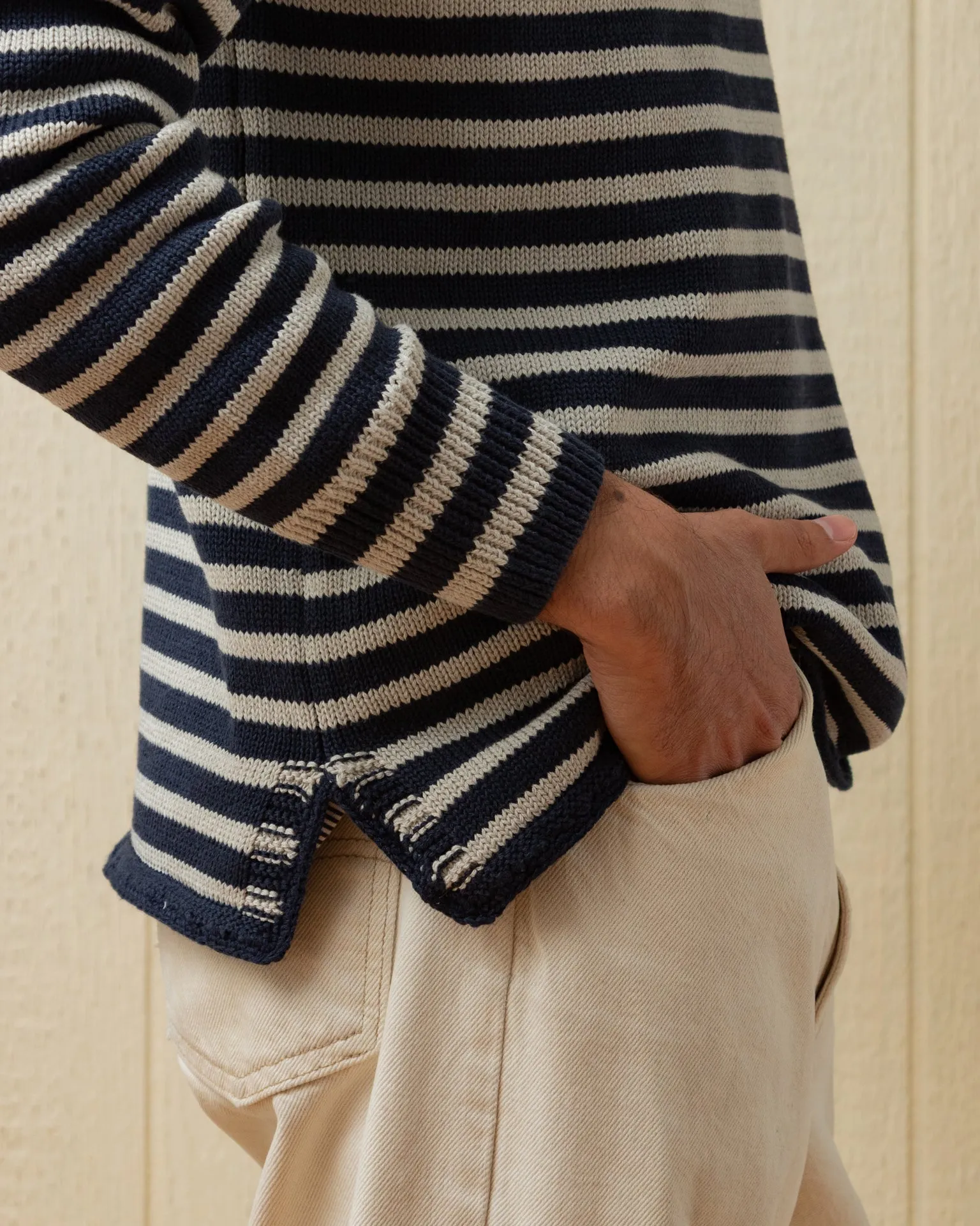 Cotton/Linen Fisherman's Sweater in Navy/Grey Even Stripe sold by Quaker Marine Supply product image thumbnail 5