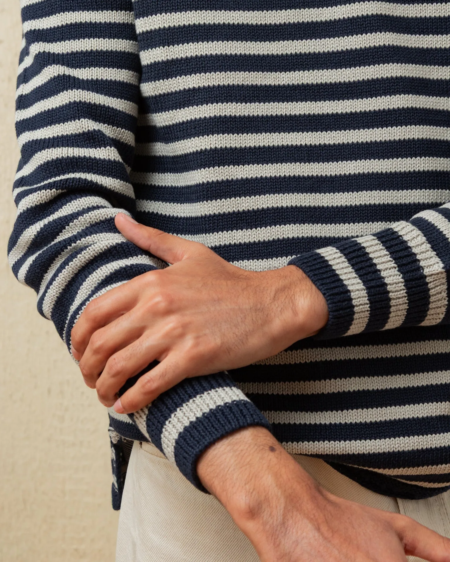 Cotton/Linen Fisherman's Sweater in Navy/Grey Even Stripe sold by Quaker Marine Supply product image thumbnail 4