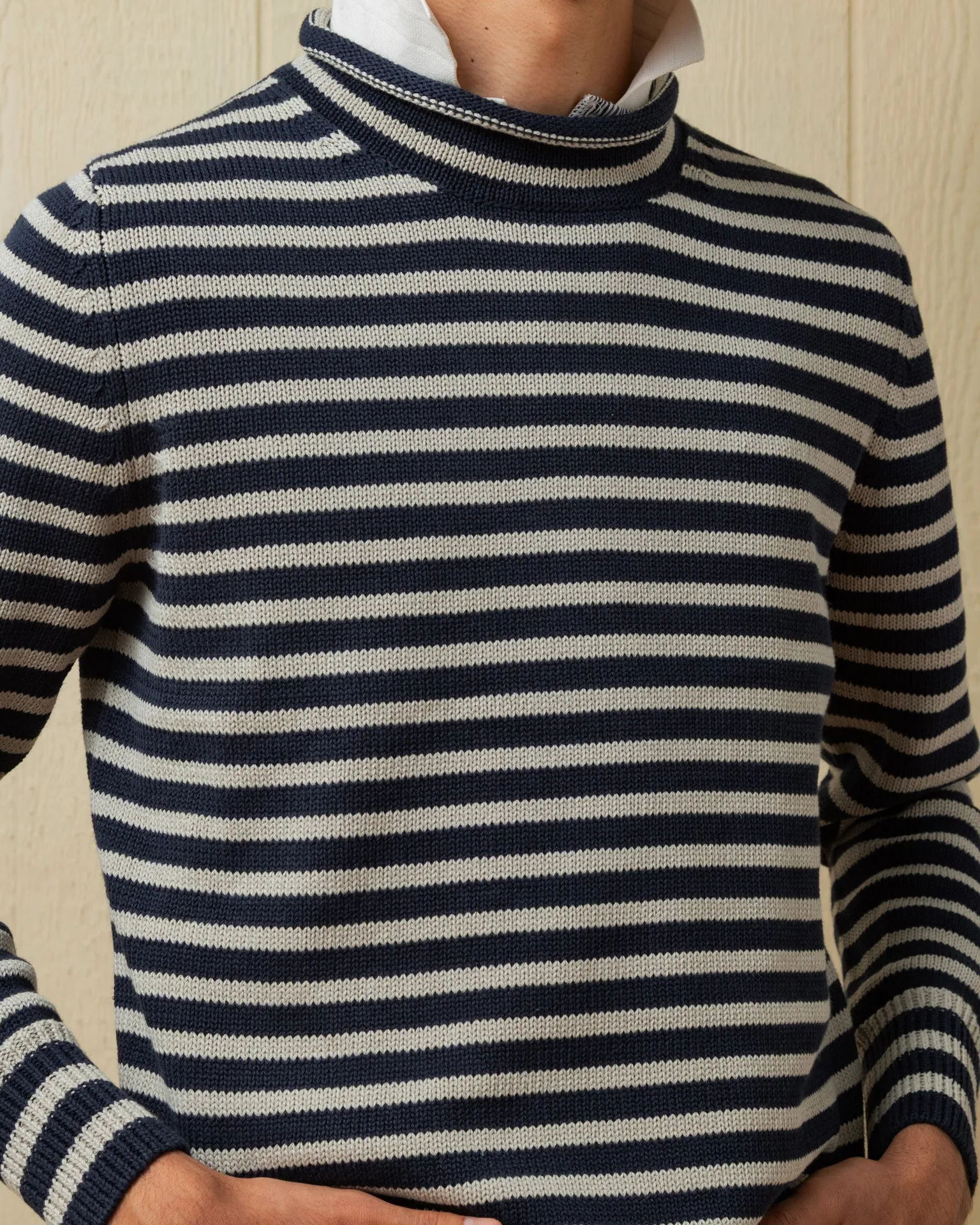 Cotton/Linen Fisherman's Sweater in Navy/Grey Even Stripe sold by Quaker Marine Supply product image thumbnail 3