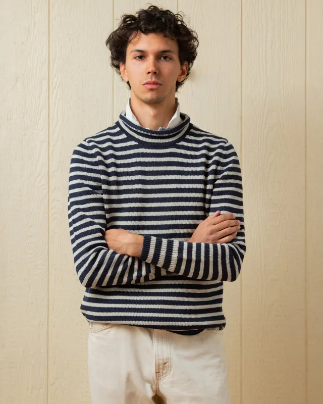 Cotton/Linen Fisherman's Sweater in Navy/Grey Even Stripe sold by Quaker Marine Supply