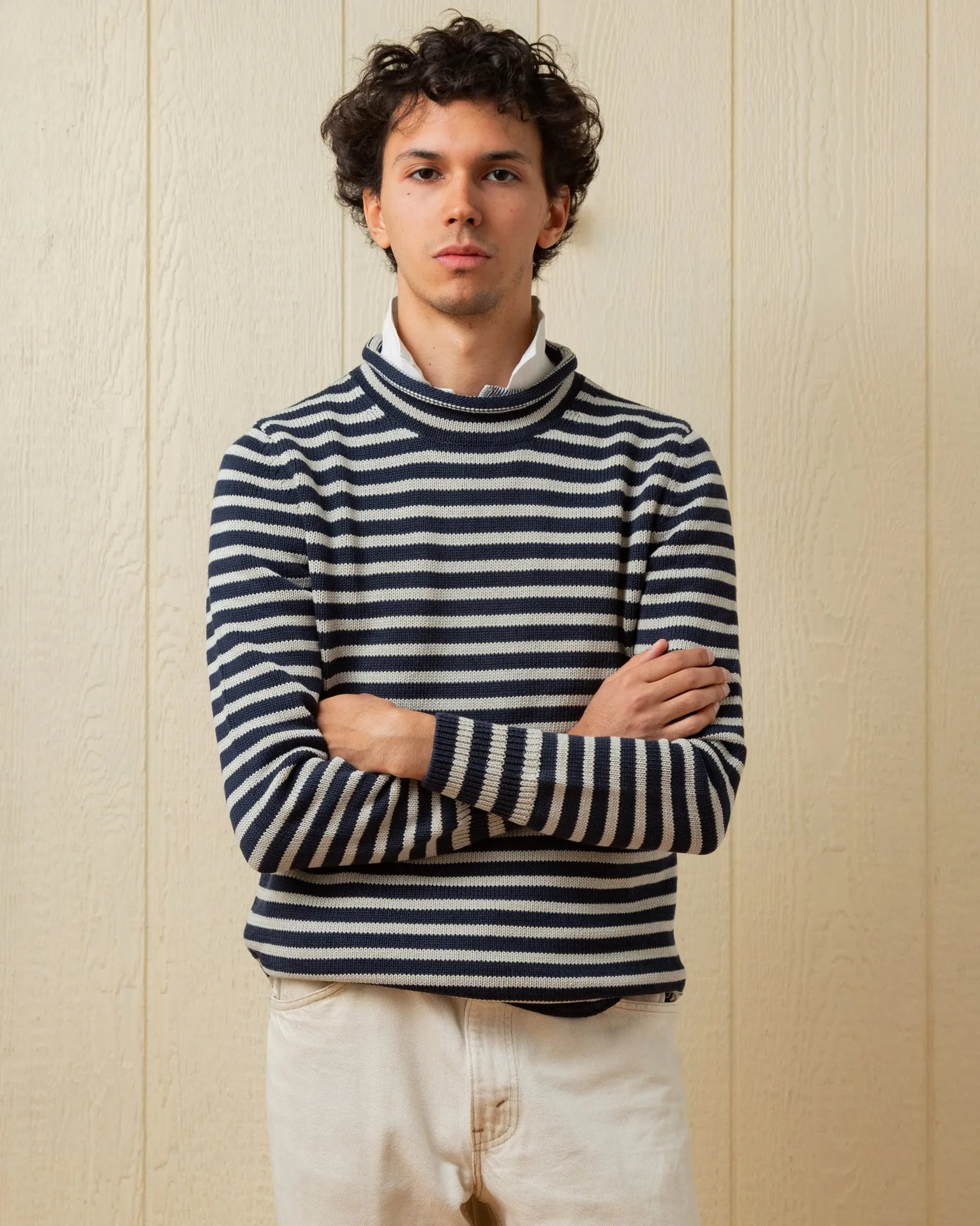 Cotton/Linen Fisherman's Sweater in Navy/Grey Even Stripe sold by Quaker Marine Supply
