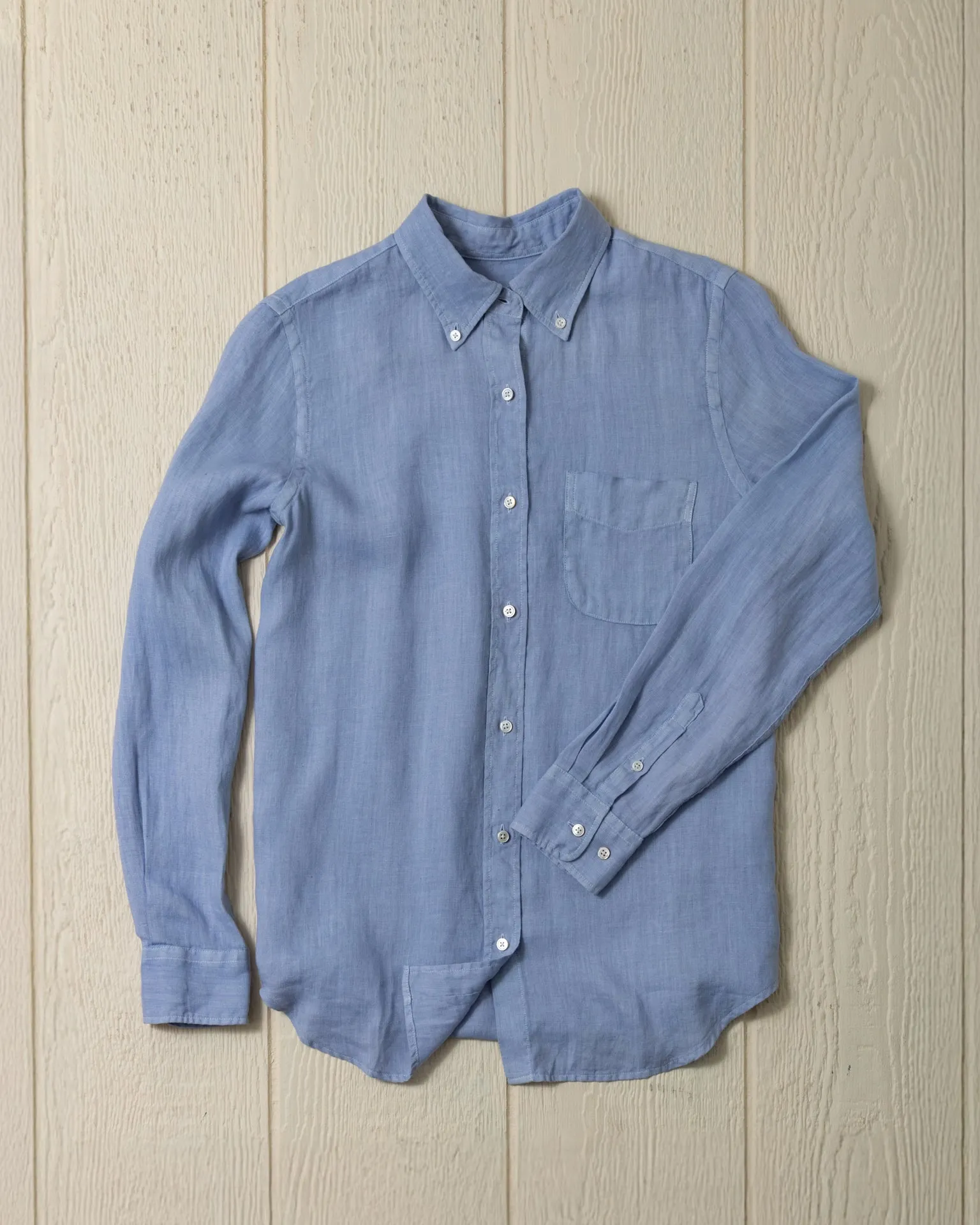Women's Garment Dyed Linen Shirt in Coastal Blue sold by Quaker Marine Supply
