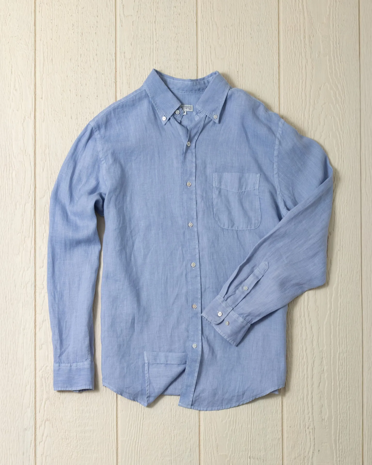 Garment Dyed Linen Shirt in Coastal Blue sold by Quaker Marine Supply