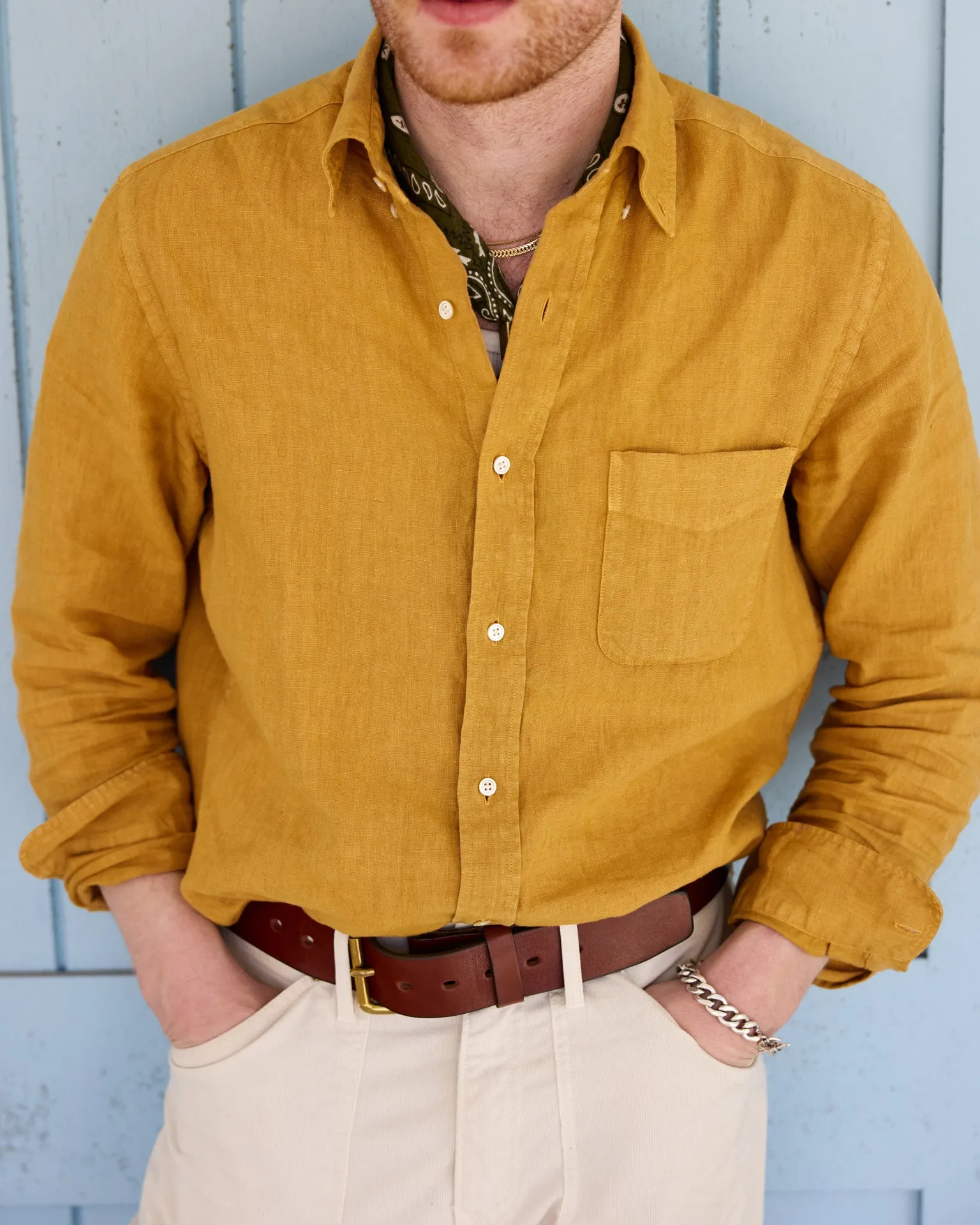Garment Dyed Linen Shirt in British Khaki sold by Quaker Marine Supply