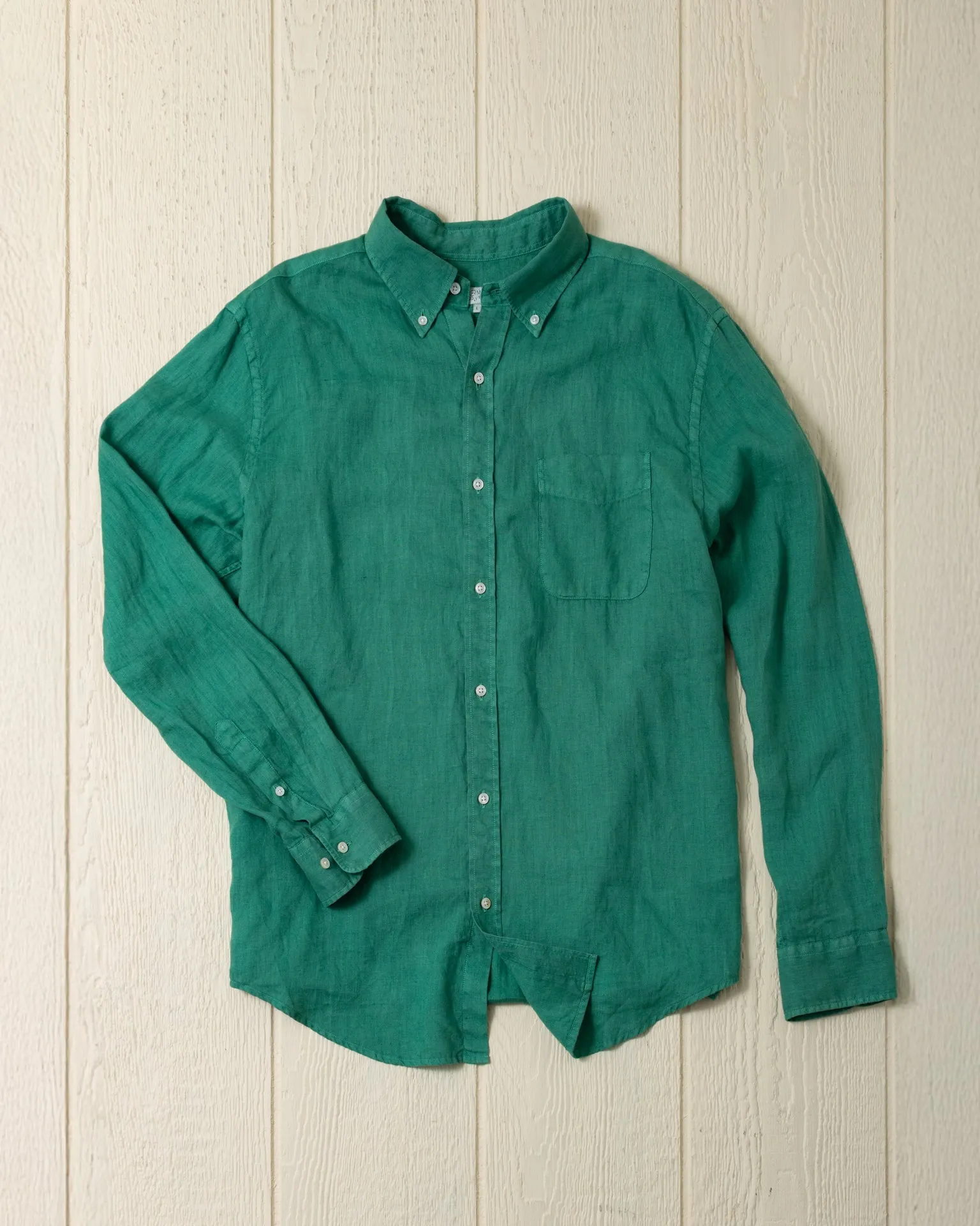 Garment Dyed Linen Shirt in Pine sold by Quaker Marine Supply
