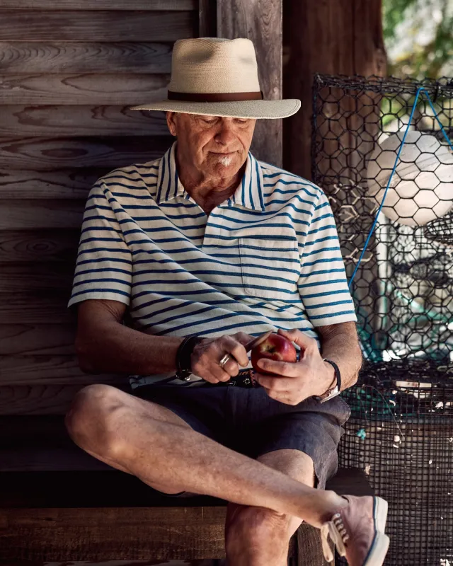 Indigo Overdyed Polo in Classic White sold by Quaker Marine Supply