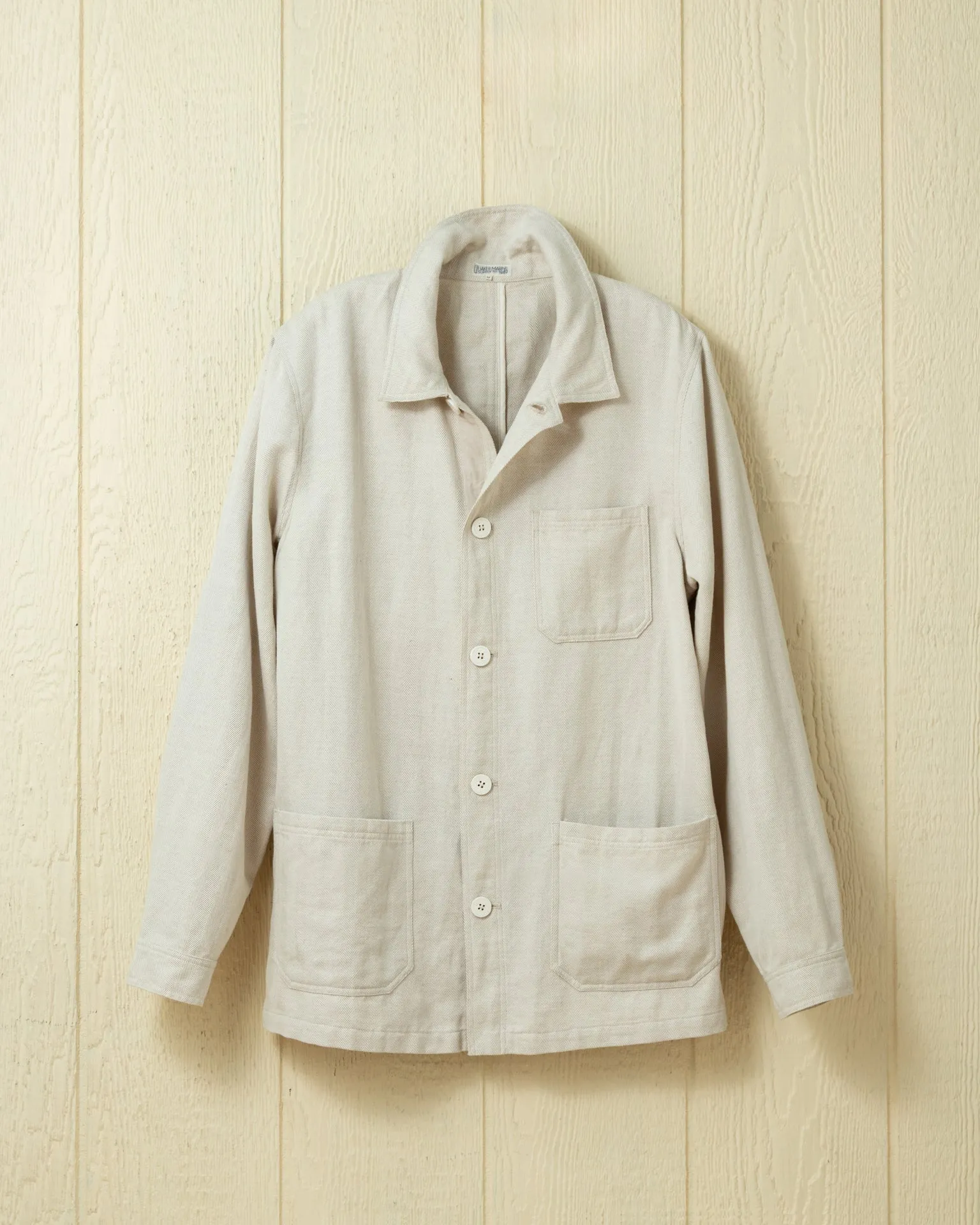 Antique Cotton Linen French Workman's Jacket in Natural Herringbone sold by Quaker Marine Supply