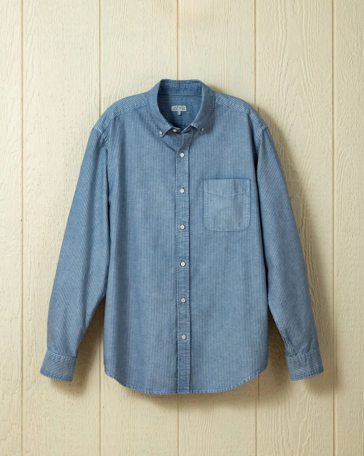 Garment Dyed Oxford Stripe Shirt in Chambray sold by Quaker Marine Supply