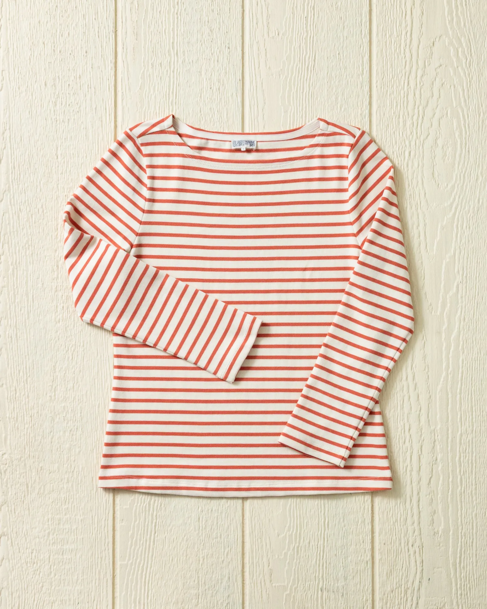 Women’s Breton Stripe Boatneck Tee in Off White/Coral sold by Quaker Marine Supply