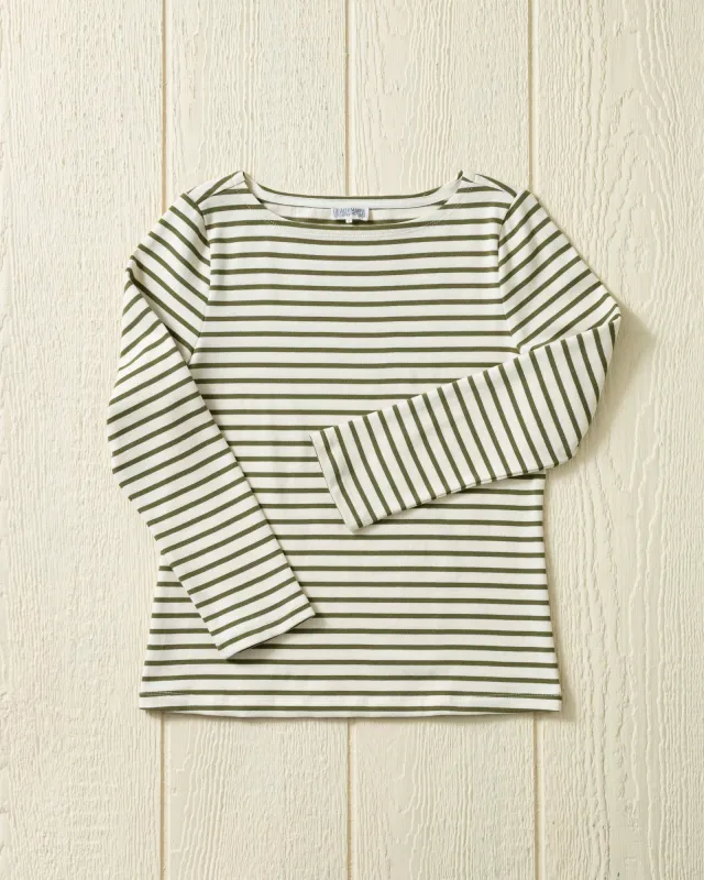 Women’s Breton Stripe Boatneck Tee in Off White/Olive sold by Quaker Marine Supply