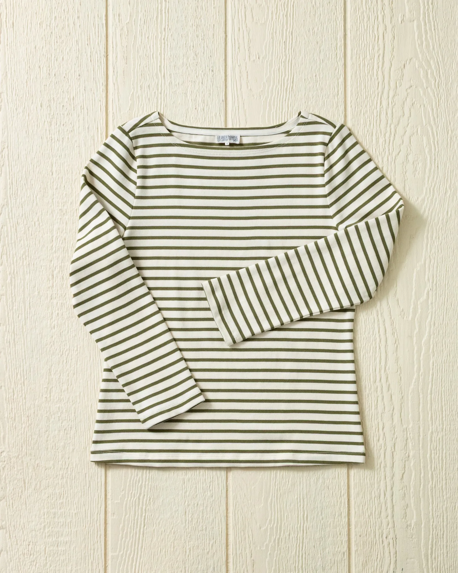 Women’s Breton Stripe Boatneck Tee in Off White/Olive sold by Quaker Marine Supply