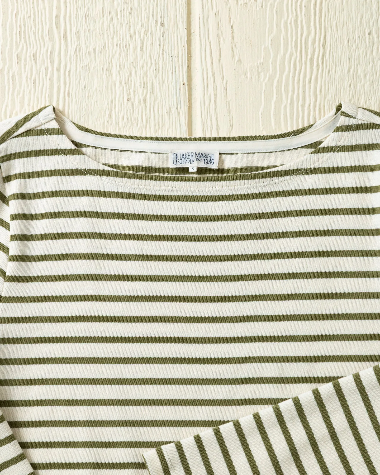 Women’s Breton Stripe Boatneck Tee in Off White/Olive sold by Quaker Marine Supply product image thumbnail 3