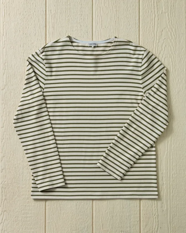 Men’s Breton Stripe Boatneck Tee in Off White/Olive sold by Quaker Marine Supply