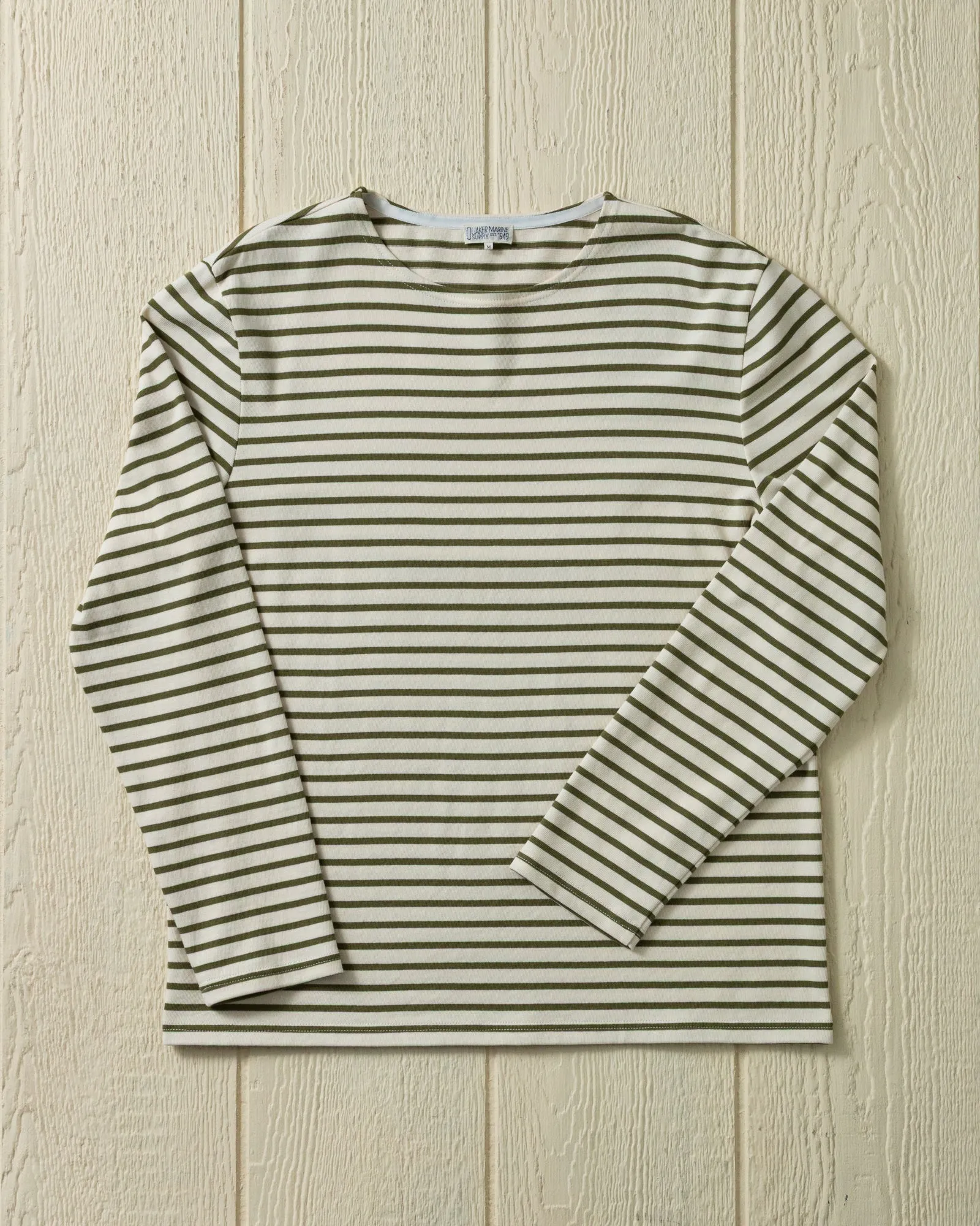 Men’s Breton Stripe Boatneck Tee in Off White/Olive sold by Quaker Marine Supply