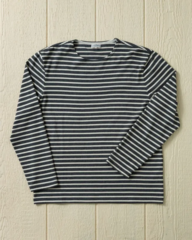 Men’s Breton Stripe Boatneck Tee in Graphite/Off White sold by Quaker Marine Supply