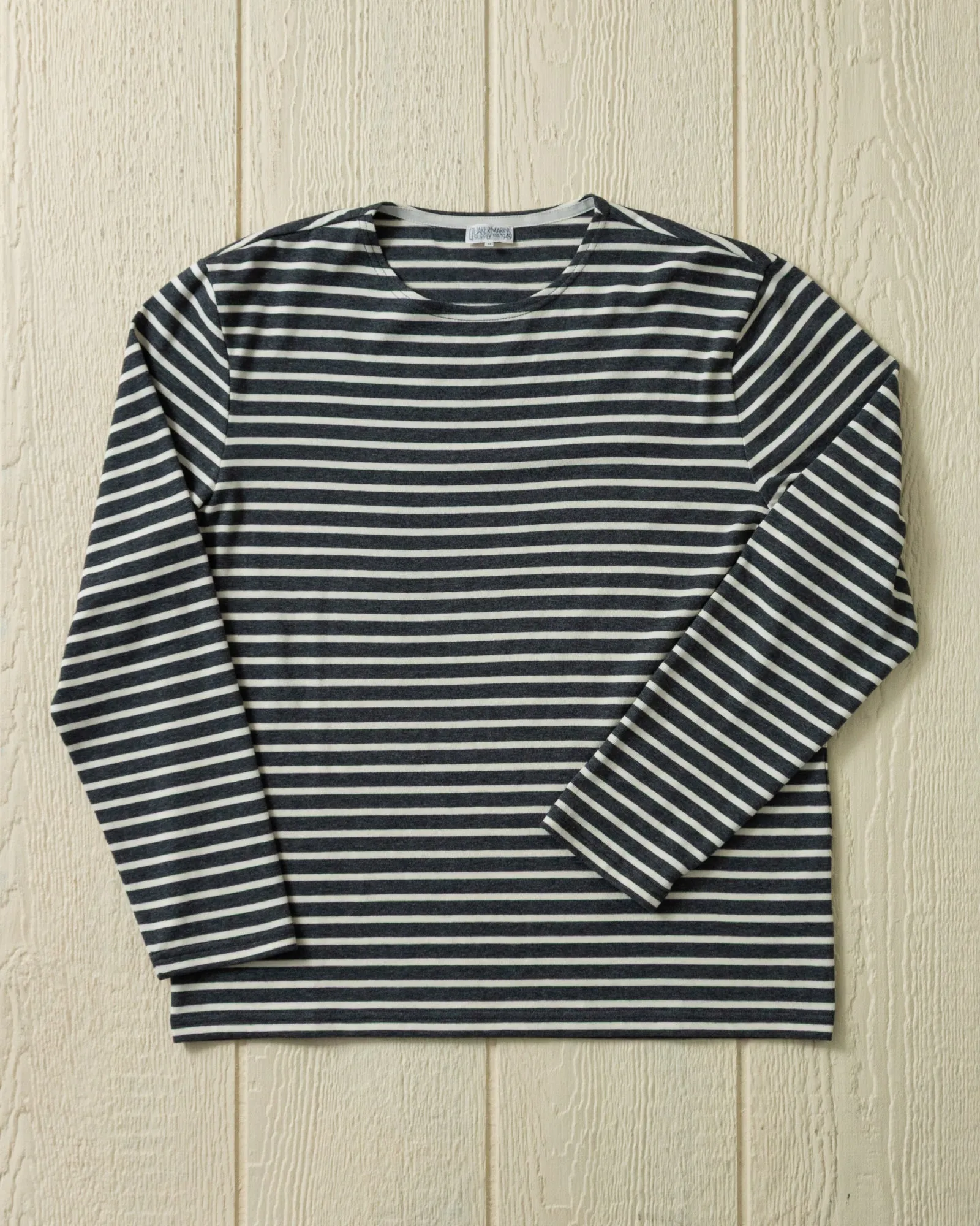 Men’s Breton Stripe Boatneck Tee in Graphite/Off White sold by Quaker Marine Supply
