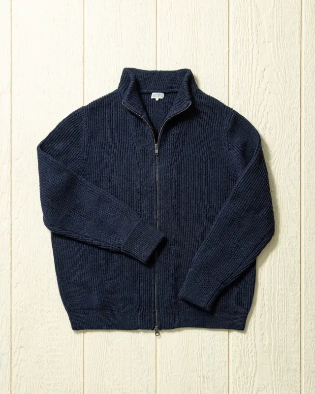 Merino Falmouth Zip Sweater in Navy sold by Quaker Marine Supply